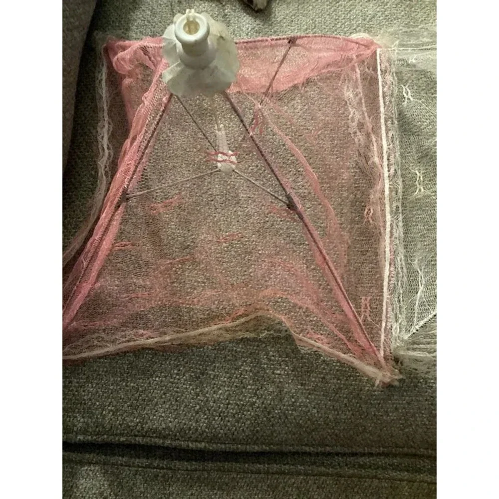 Vintage Pink Mesh Food Cover 14 Inch Pop Up Lace Trim Picnic Fly Cover